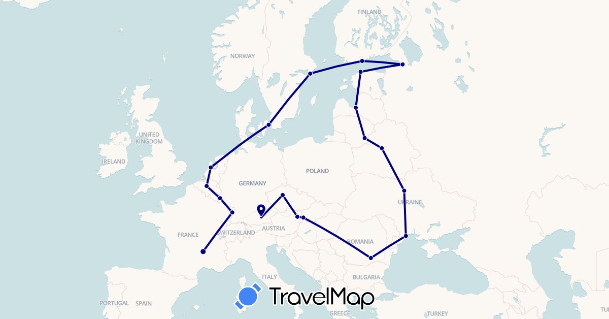 TravelMap itinerary: driving in Austria, Belgium, Belarus, Czech Republic, Germany, Denmark, Estonia, Finland, France, Lithuania, Luxembourg, Latvia, Netherlands, Romania, Russia, Sweden, Slovakia, Ukraine (Europe)